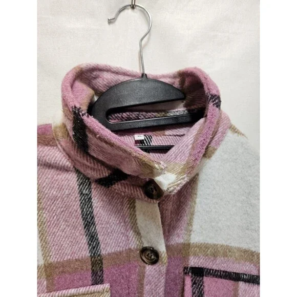 Womens XL Pink Black Jacket Plaid Oversized Thick Flannel Farm Barn Coat Tunic - Picture 8 of 16
